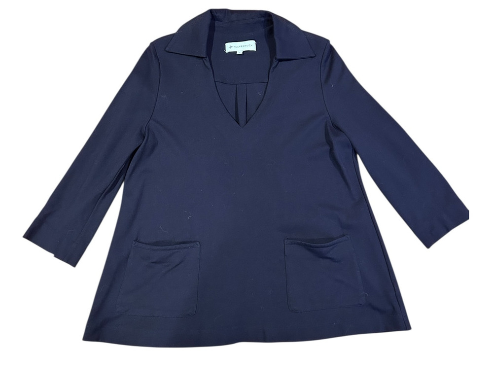 TUCKERNUCK Navy Blue Collar Pockets Jersey Sailor Nautical Top Sweatshirt MEDIUM